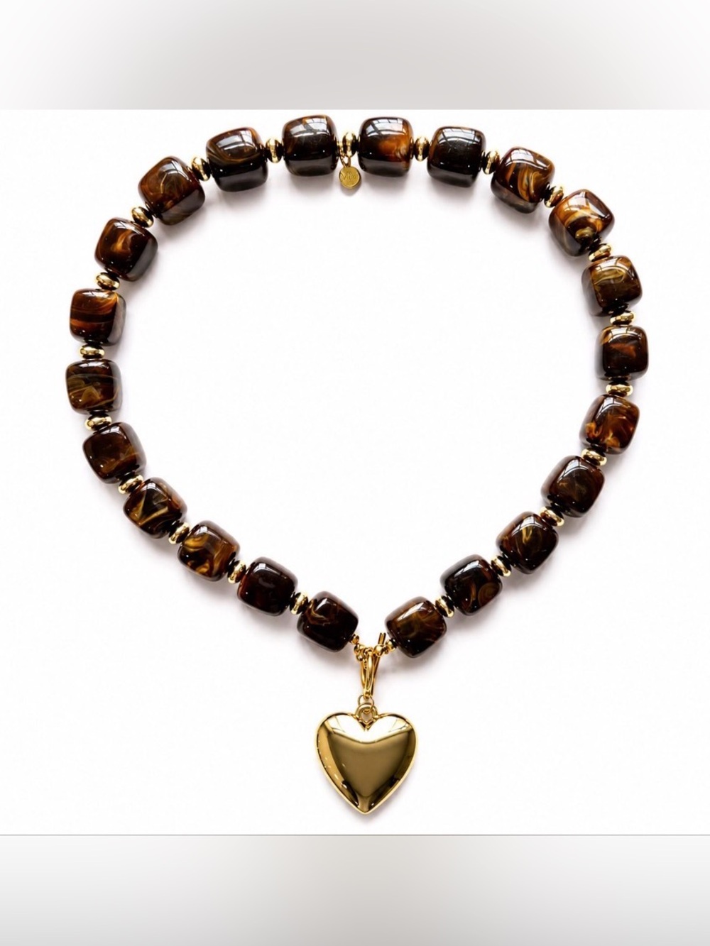 Mayamar Brown Beaded Necklace w/ Gold Puffy Heart Pendant